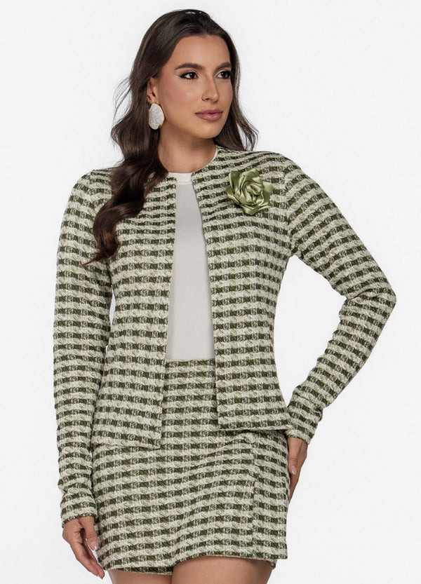 CASACO FEMININO JACQUARD XADREX COM FLOR