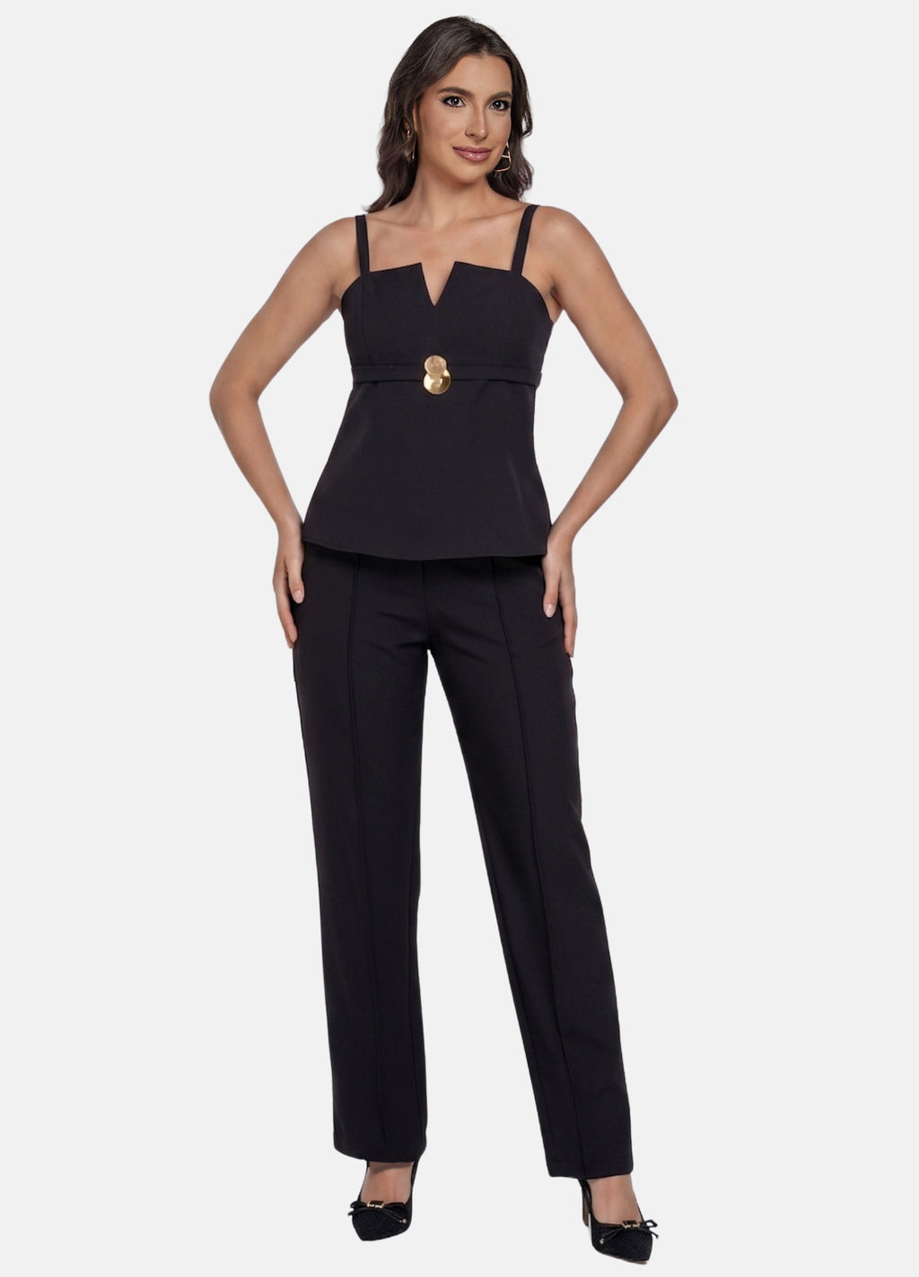CONJUNTO FEMININO CALÇA E BLUSA COM FIVELA
