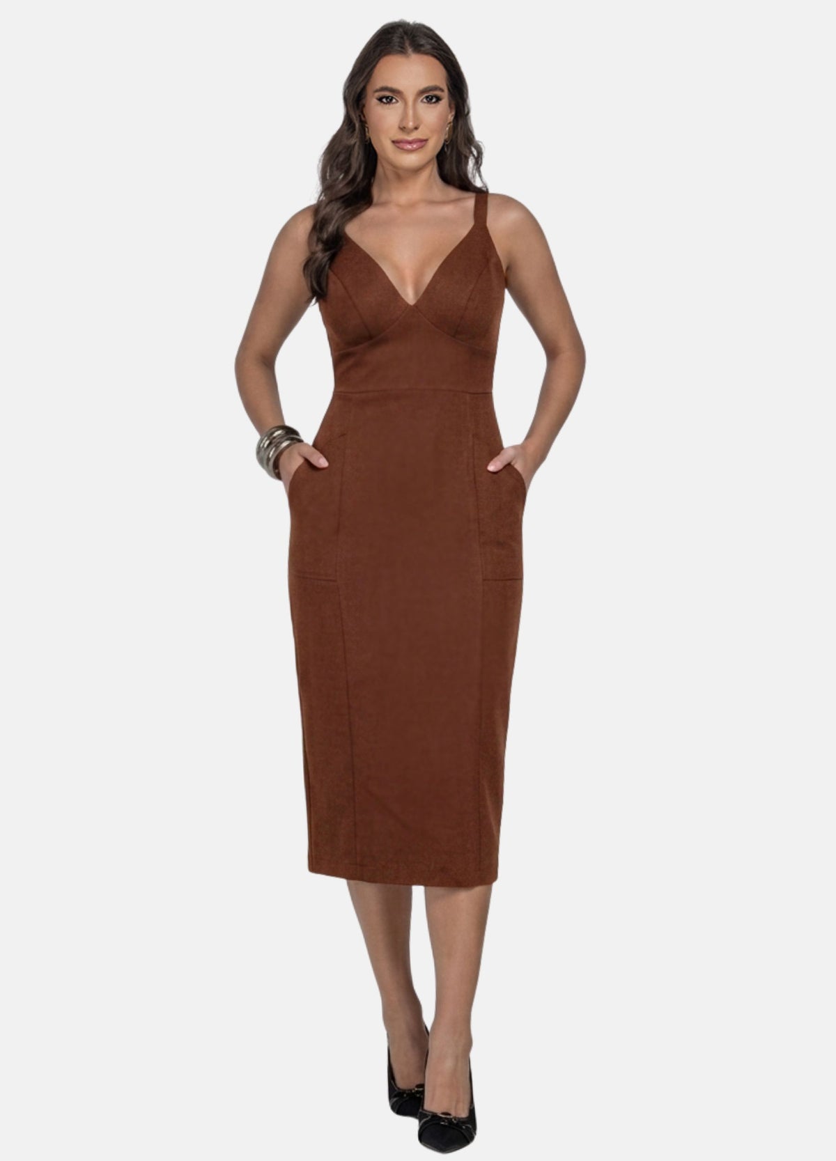 VESTIDO MIDI COM RECORTES NA SAIA E BOLSO