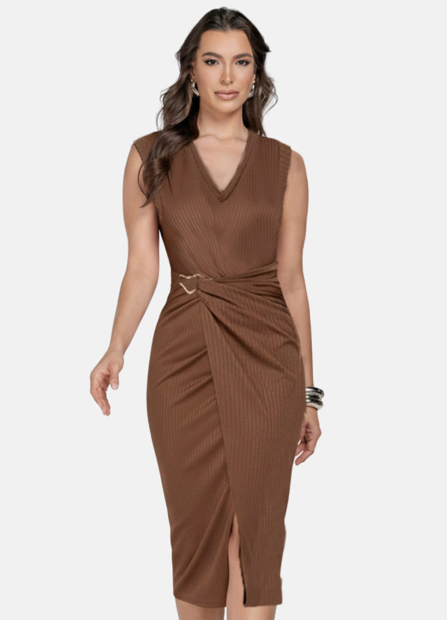 VESTIDO MIDI LUIZA CANELADO COM FIVELA OFERTA 24H