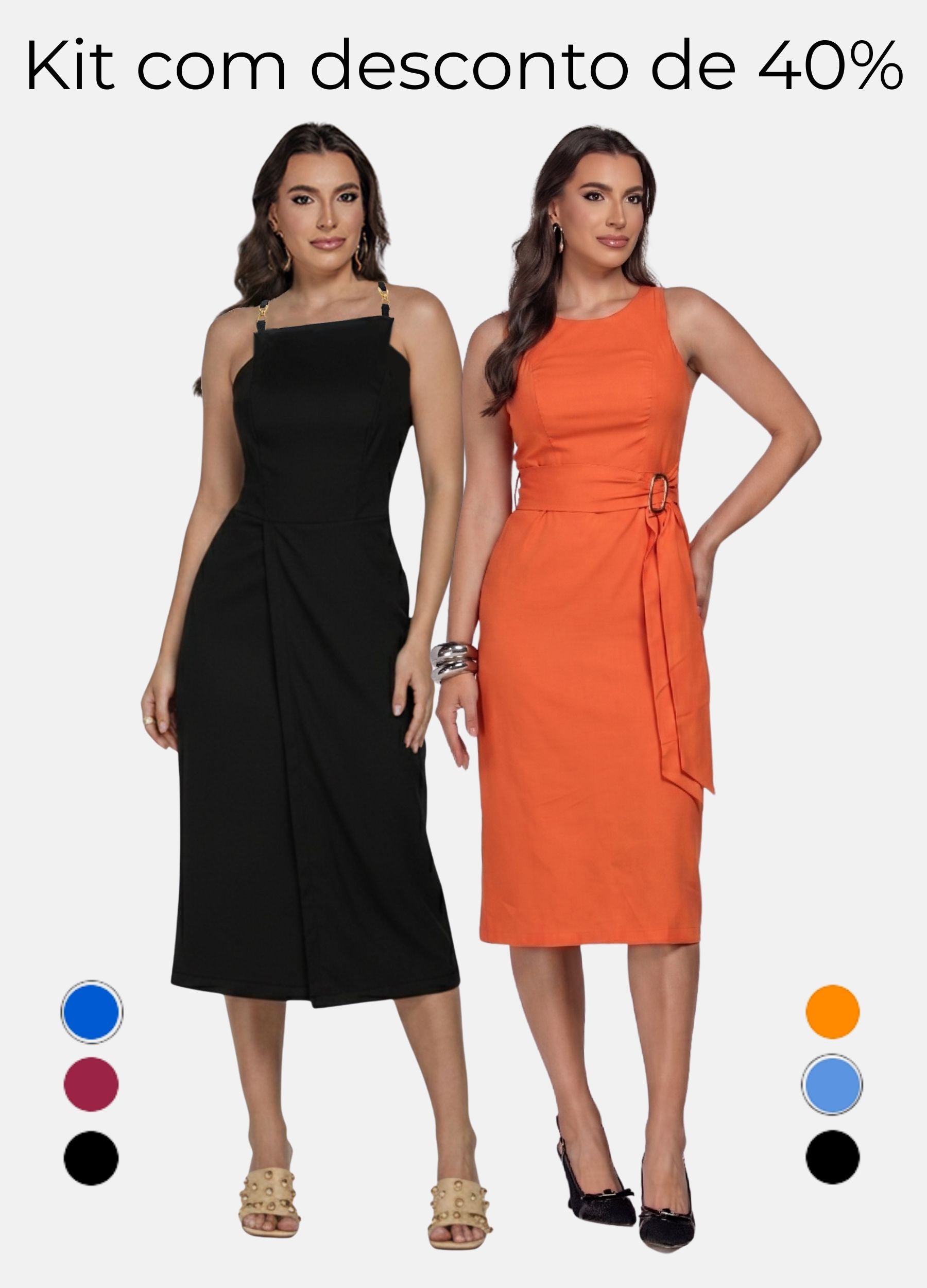 Kit 2 Vestidos Midi - Fivela nas Alças + Flávia com Fivela
