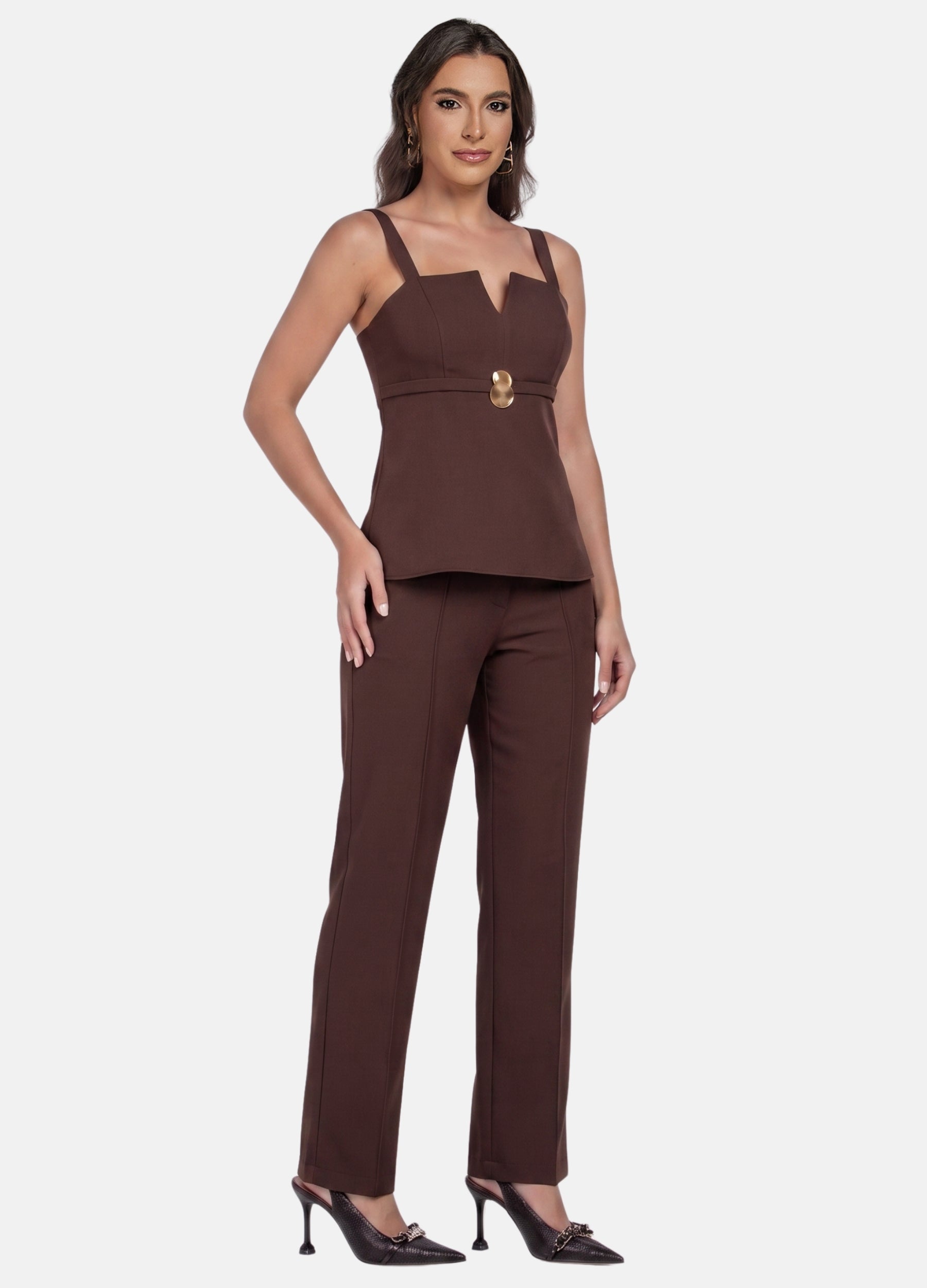 CONJUNTO FEMININO CALÇA E BLUSA COM FIVELA
