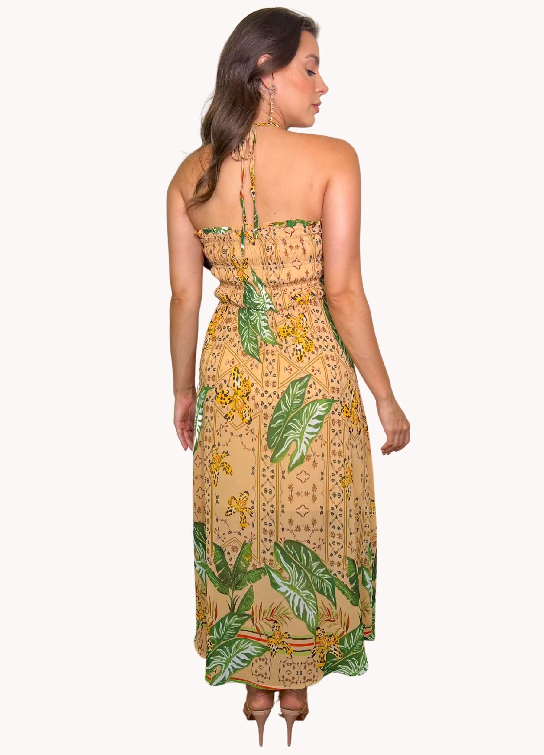 VESTIDO MIDI COM FRANZIDOS E ESTAMPA BARRADA