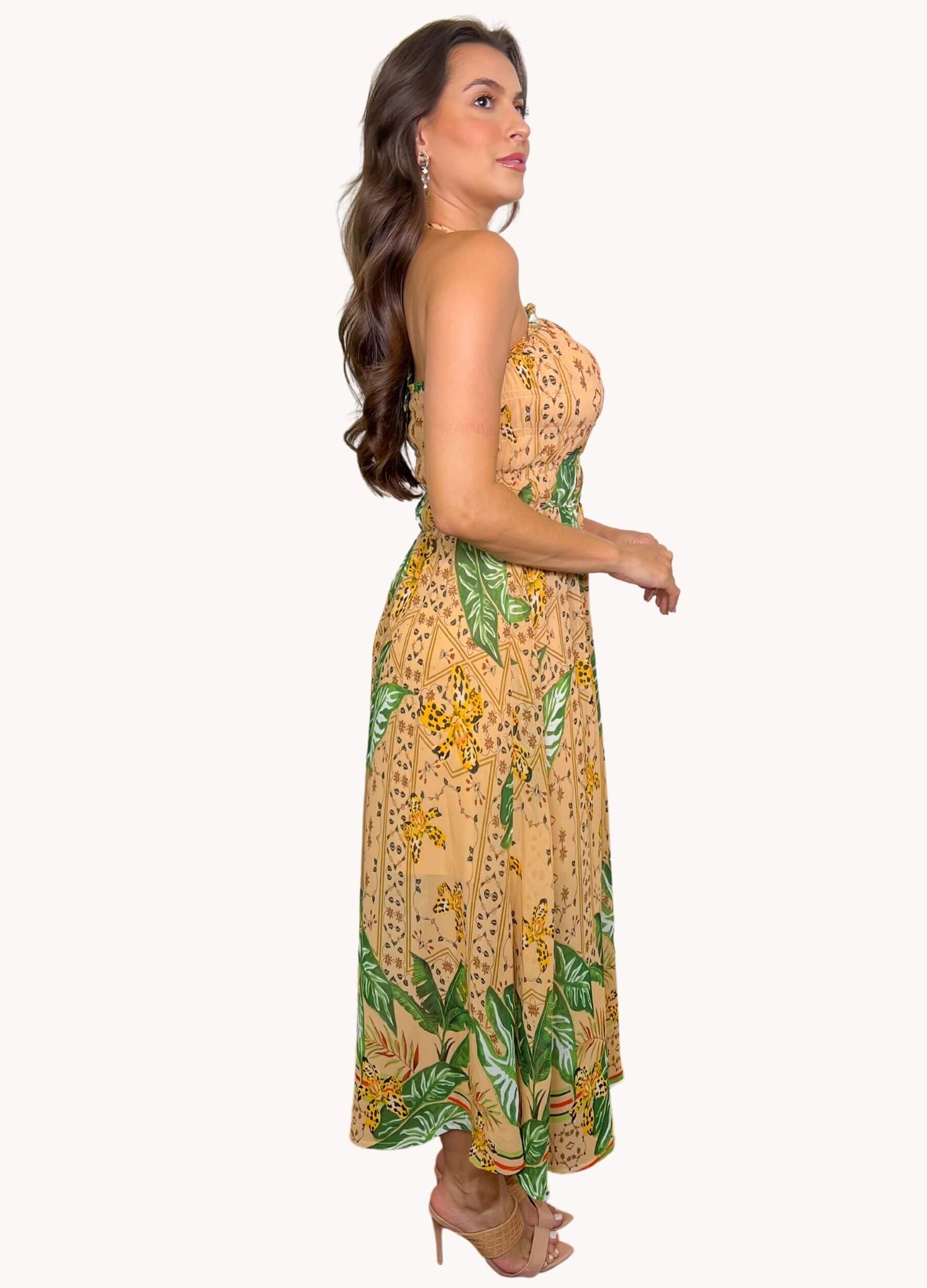 VESTIDO MIDI COM FRANZIDOS E ESTAMPA BARRADA