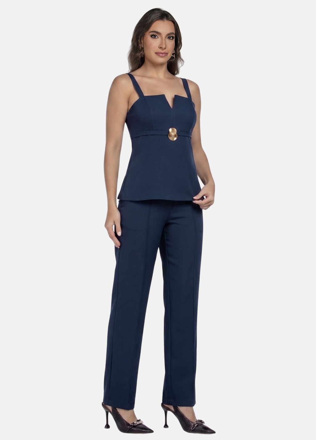 CONJUNTO FEMININO CALÇA E BLUSA COM FIVELA