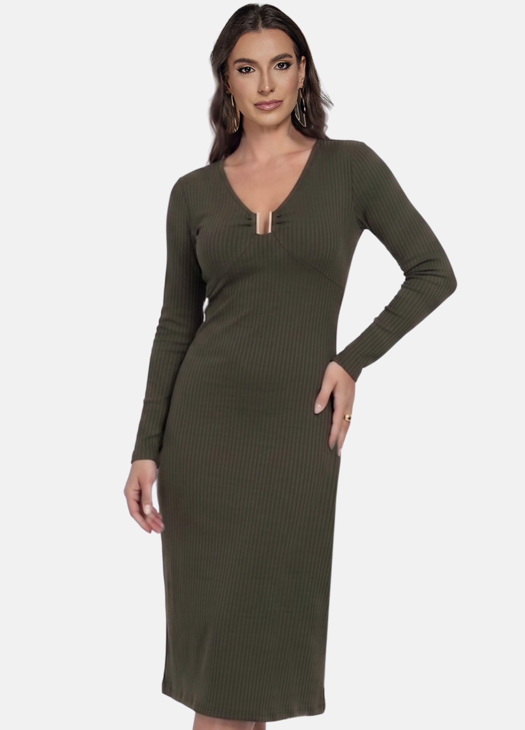 VESTIDO MIDI CANELADO MANGA LONGA COM FIVELA