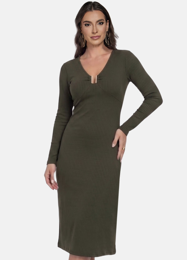 VESTIDO MIDI CANELADO MANGA LONGA COM FIVELA