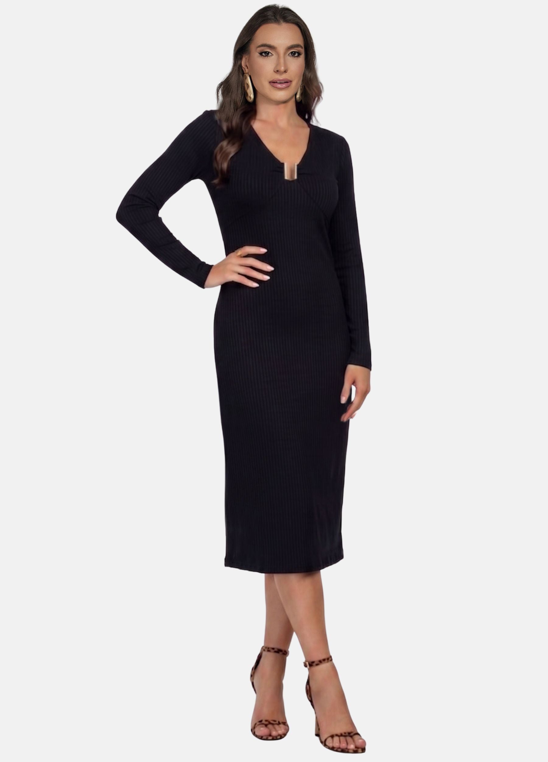 VESTIDO MIDI CANELADO MANGA LONGA COM FIVELA