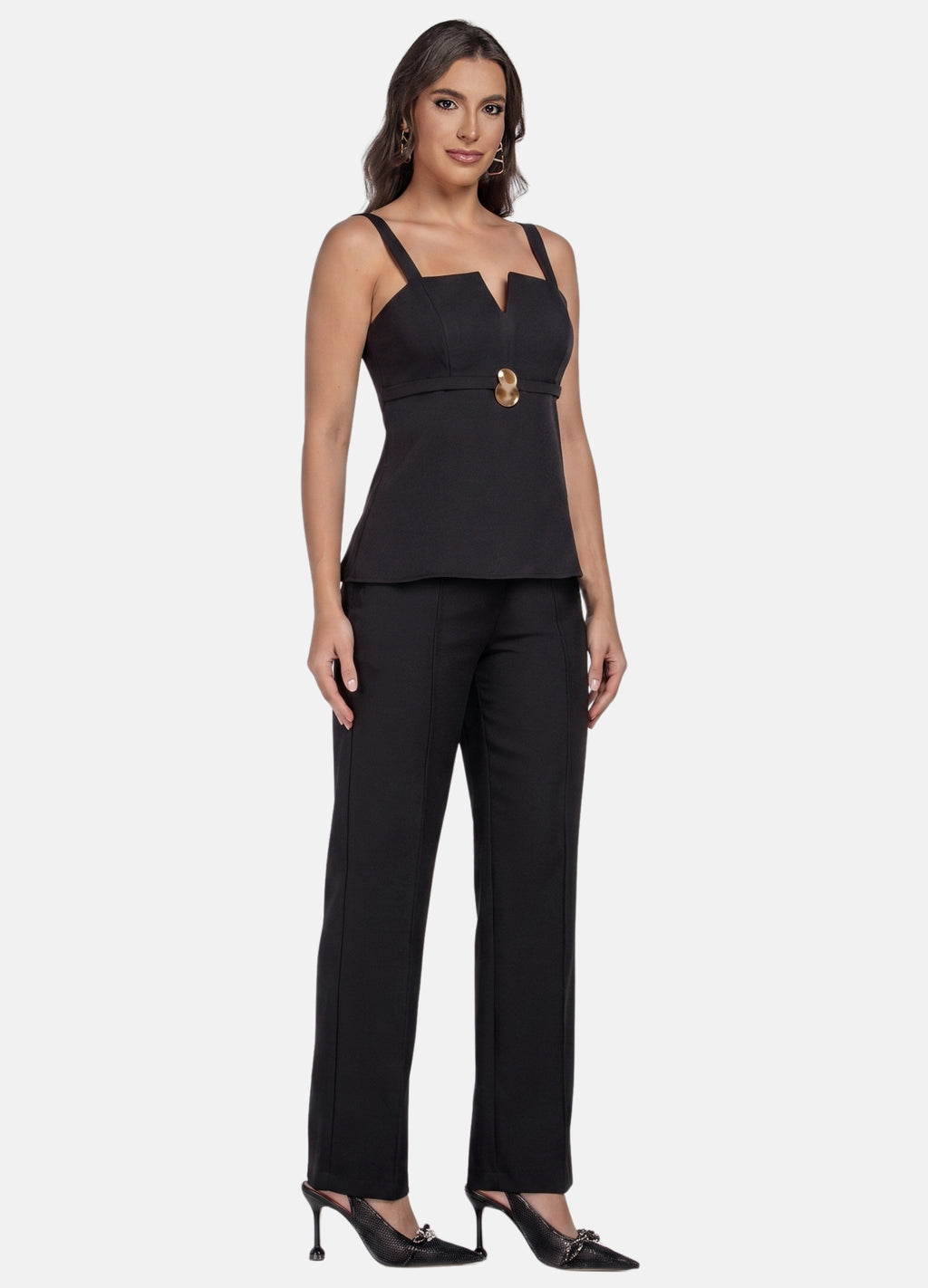 CONJUNTO FEMININO CALÇA E BLUSA COM FIVELA