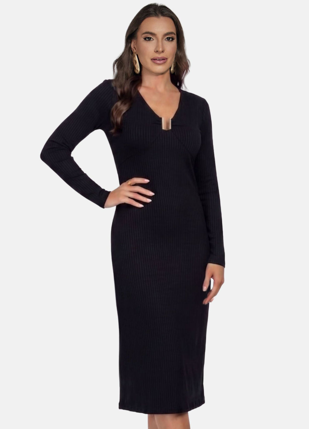 VESTIDO MIDI CANELADO MANGA LONGA COM FIVELA