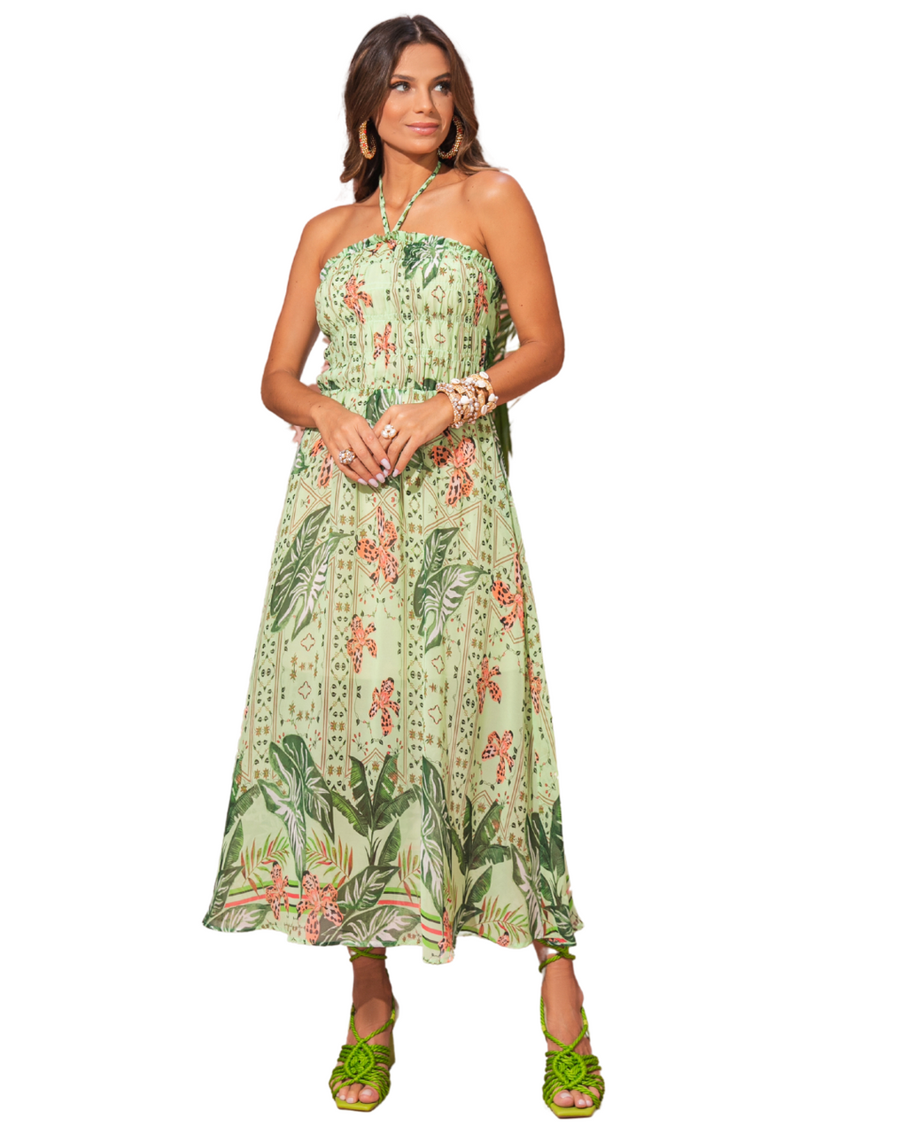 VESTIDO MIDI COM FRANZIDOS E ESTAMPA BARRADA