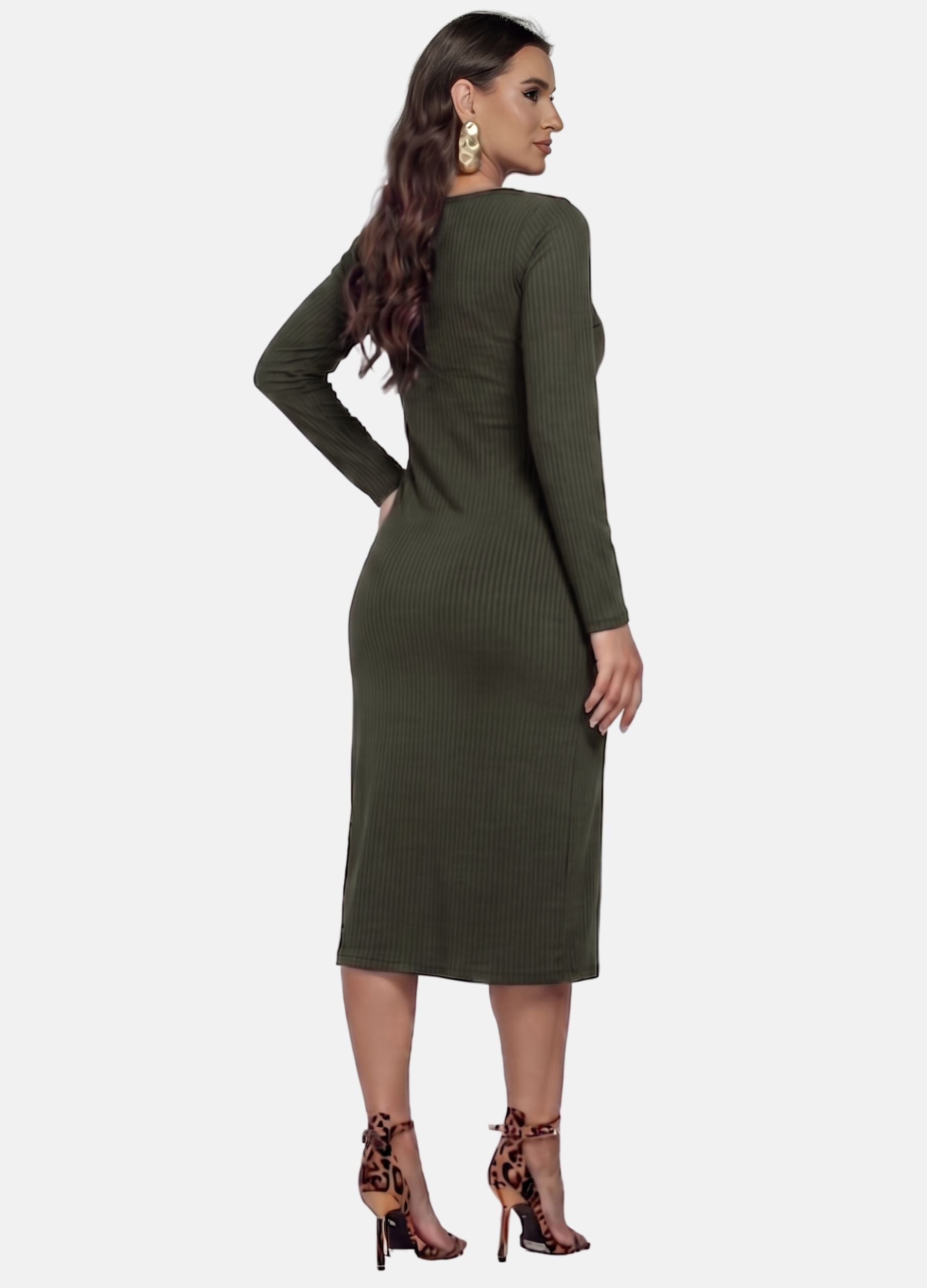 VESTIDO MIDI CANELADO MANGA LONGA COM FIVELA