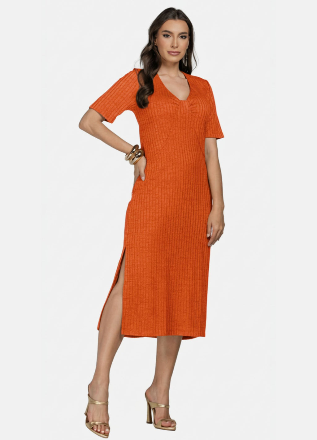 VESTIDO MIDI COM FRANZIDO NO BUSTO