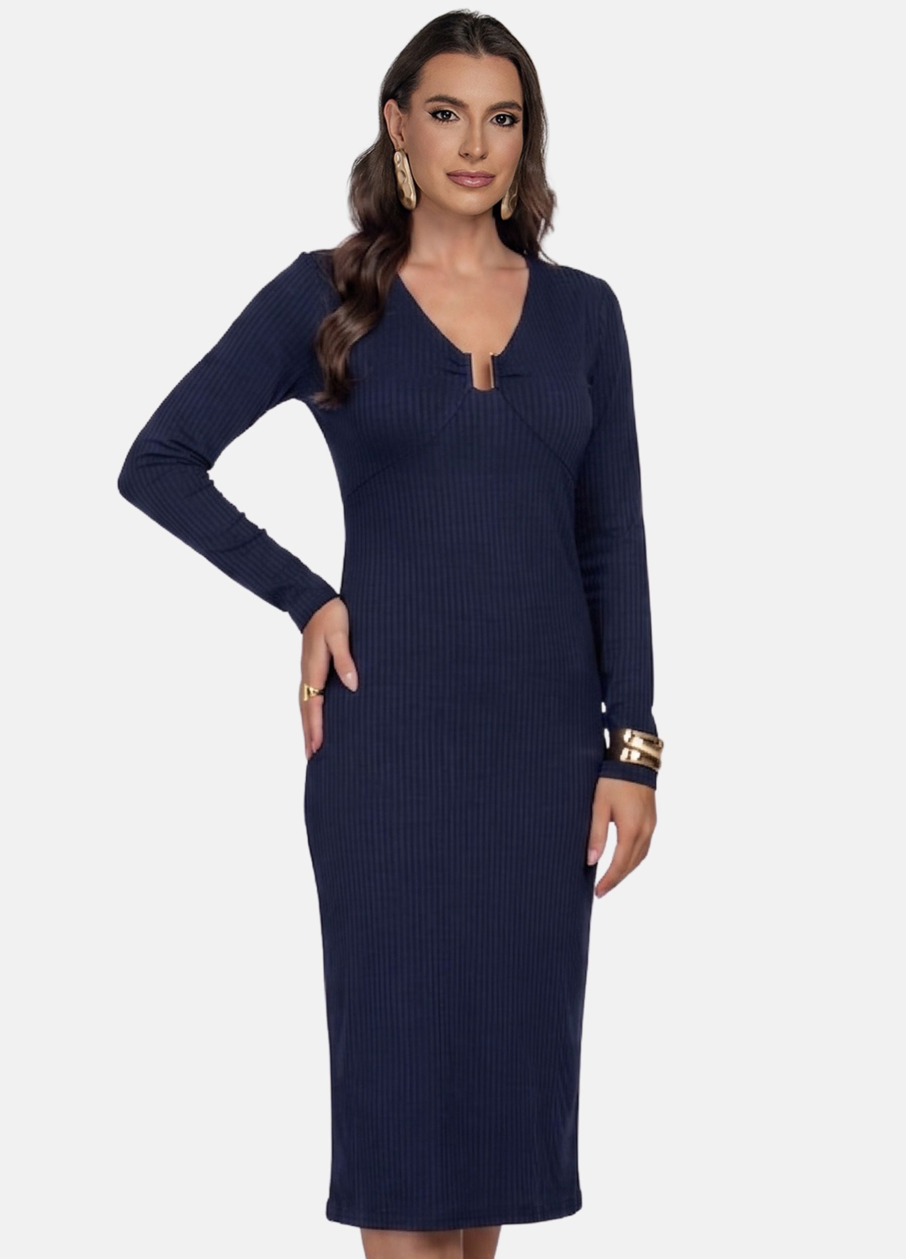 VESTIDO MIDI CANELADO MANGA LONGA COM FIVELA