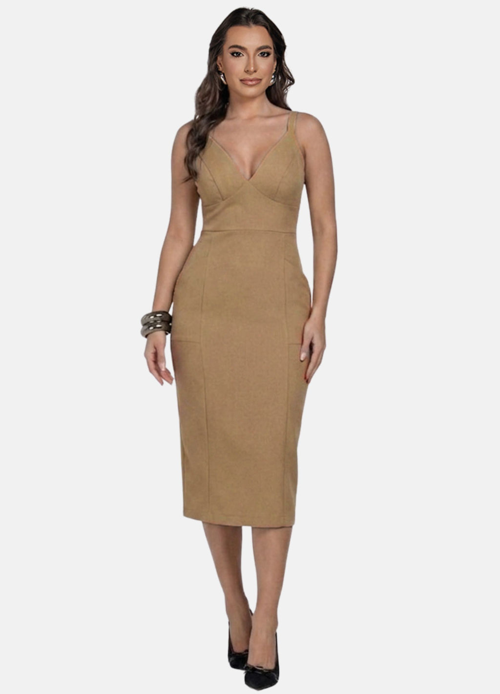 VESTIDO MIDI COM RECORTES NA SAIA E BOLSO