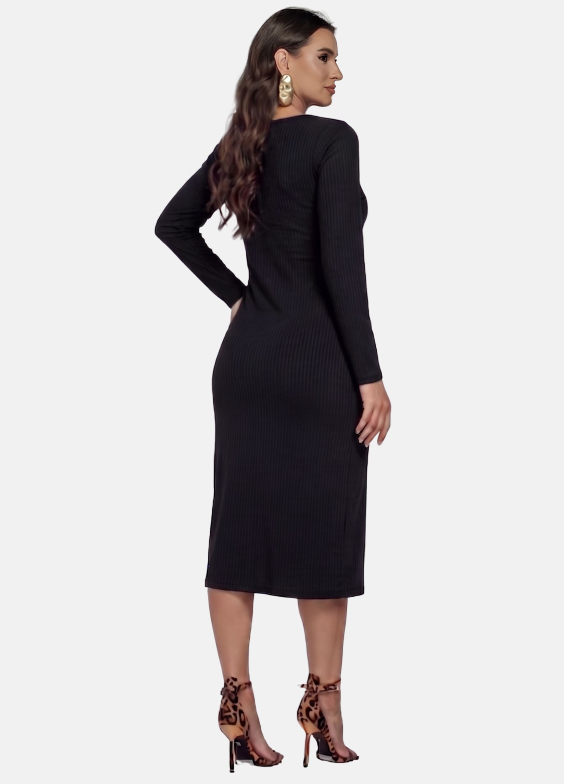 VESTIDO MIDI CANELADO MANGA LONGA COM FIVELA