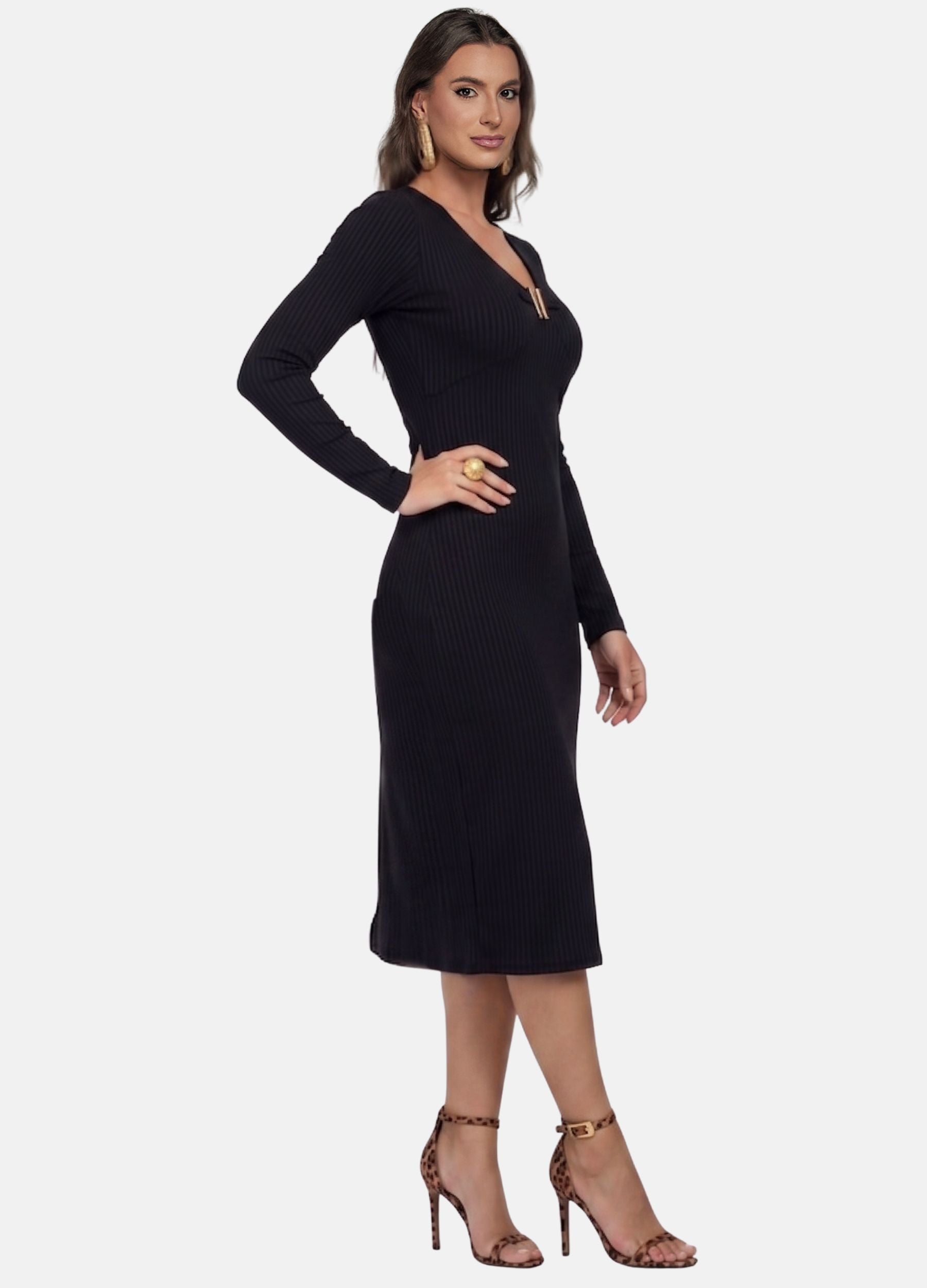 VESTIDO MIDI CANELADO MANGA LONGA COM FIVELA