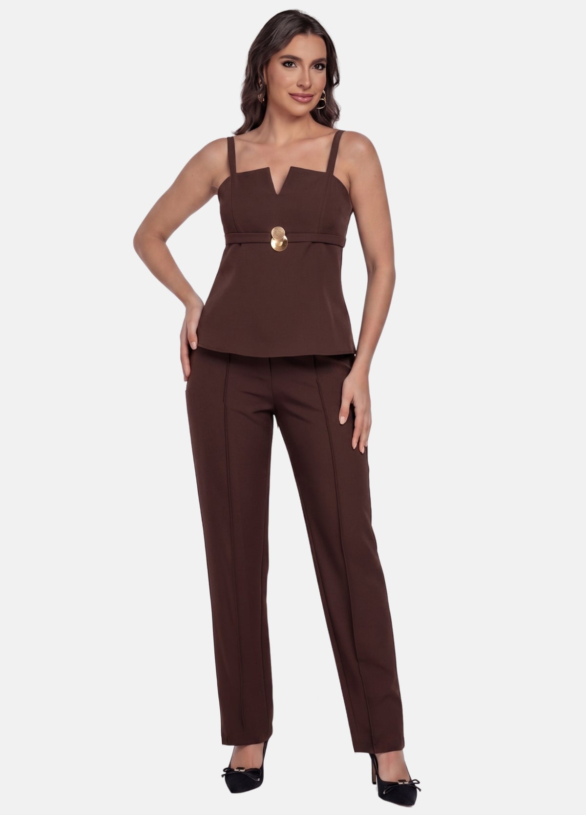 CONJUNTO FEMININO CALÇA E BLUSA COM FIVELA