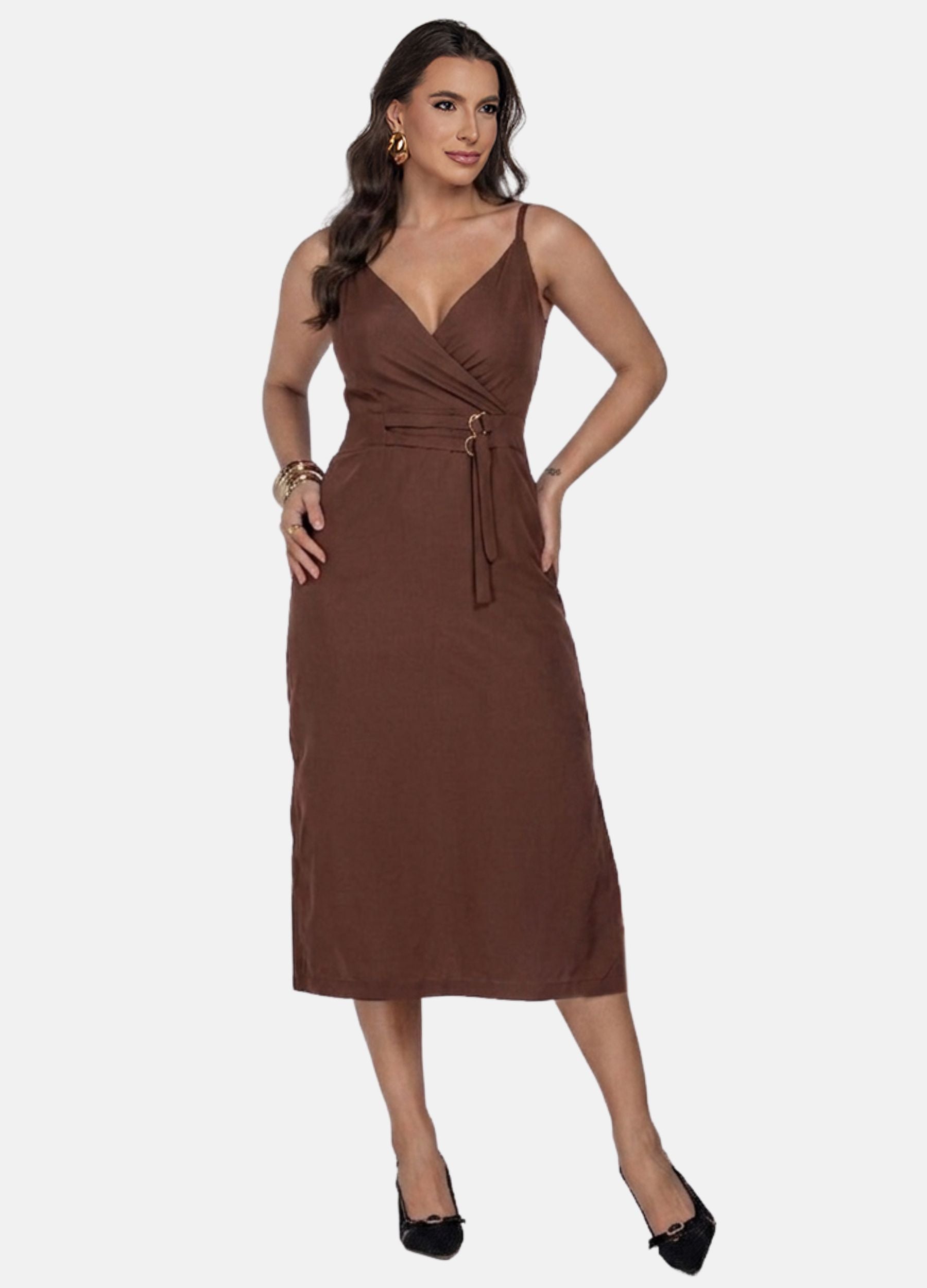 VESTIDO MIDI COM DUAS FIVELAS