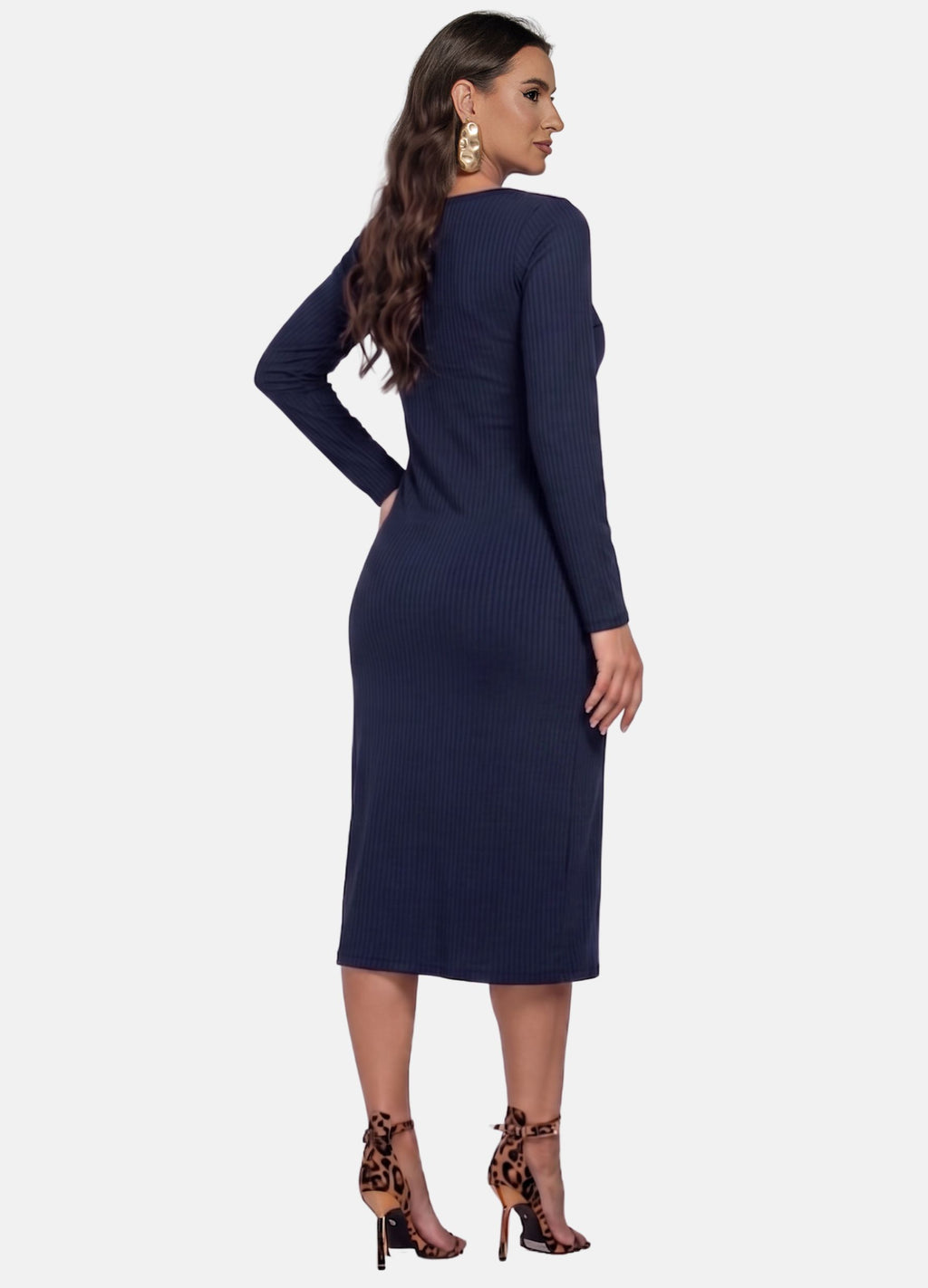 VESTIDO MIDI CANELADO MANGA LONGA COM FIVELA