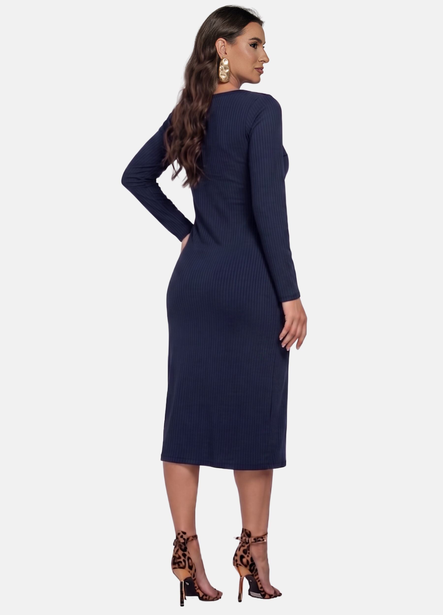 VESTIDO MIDI CANELADO MANGA LONGA COM FIVELA