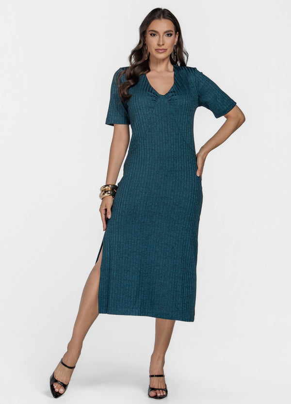VESTIDO MIDI CANELADO COM FRANZIDO OFERTA 24H