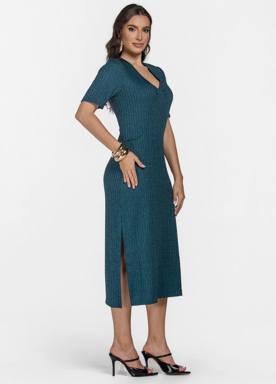 VESTIDO MIDI CANELADO COM FRANZIDO OFERTA 24H