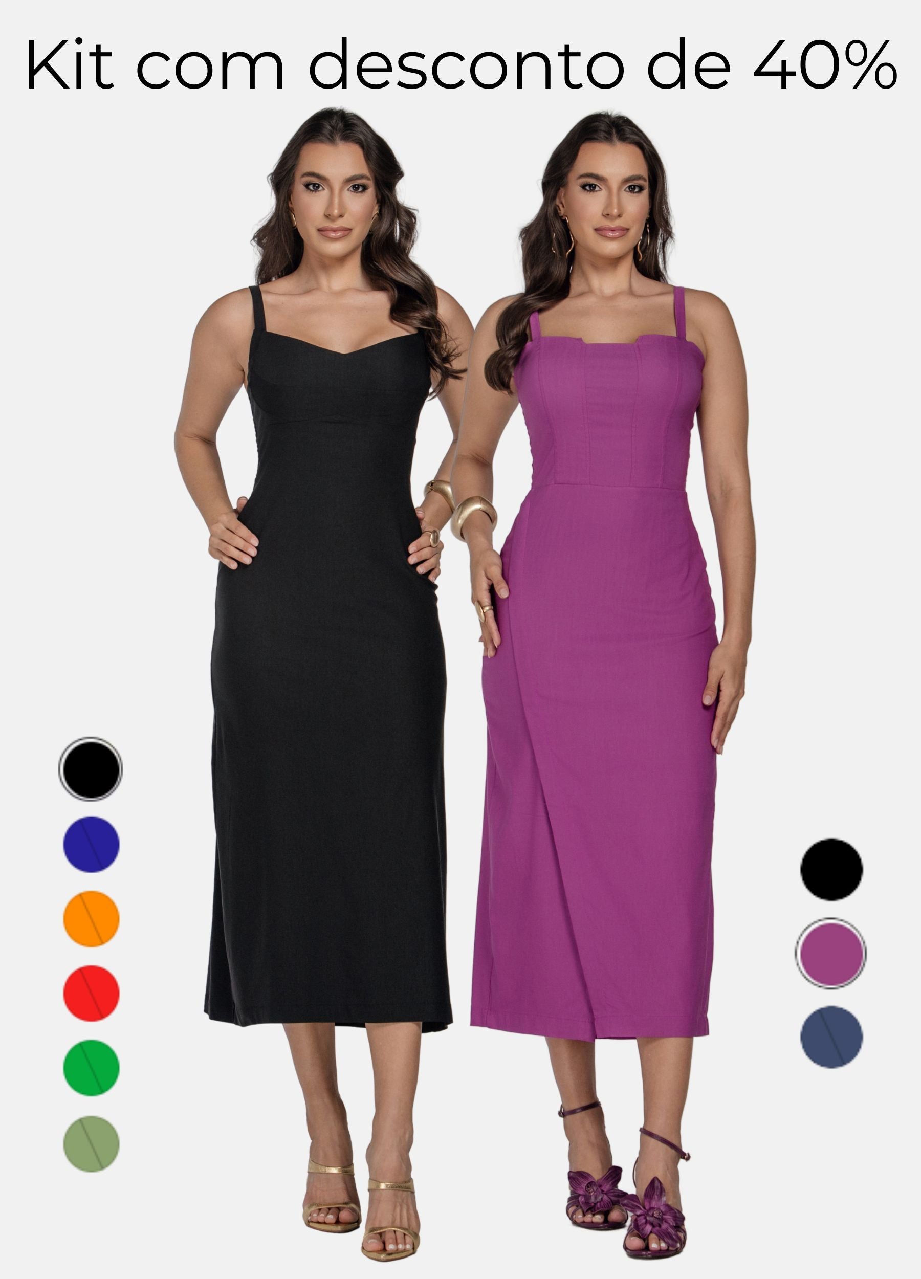 Kit 2 Vestidos Midi - Recortes no Busto + Recortes e Fenda