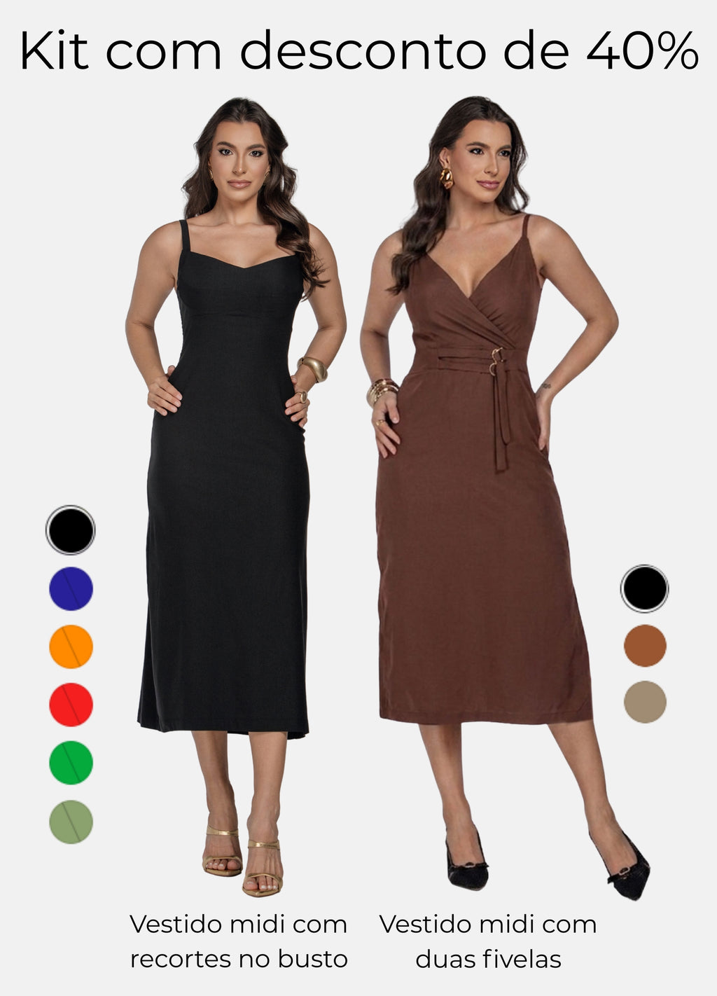 Kit 2 Vestidos Midi - Recortes no Busto + Duas Fivelas
