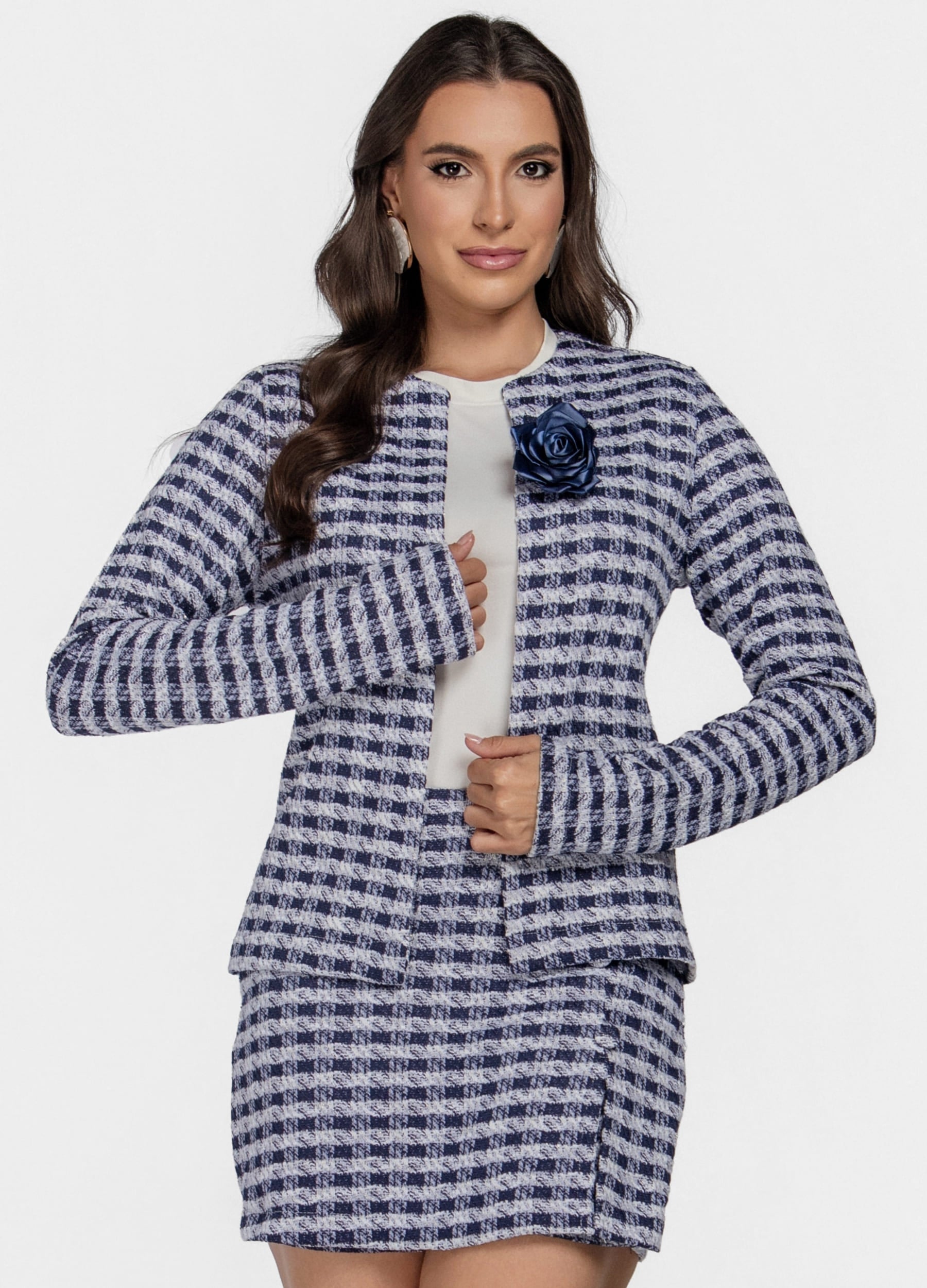 CASACO FEMININO JACQUARD XADREX COM FLOR