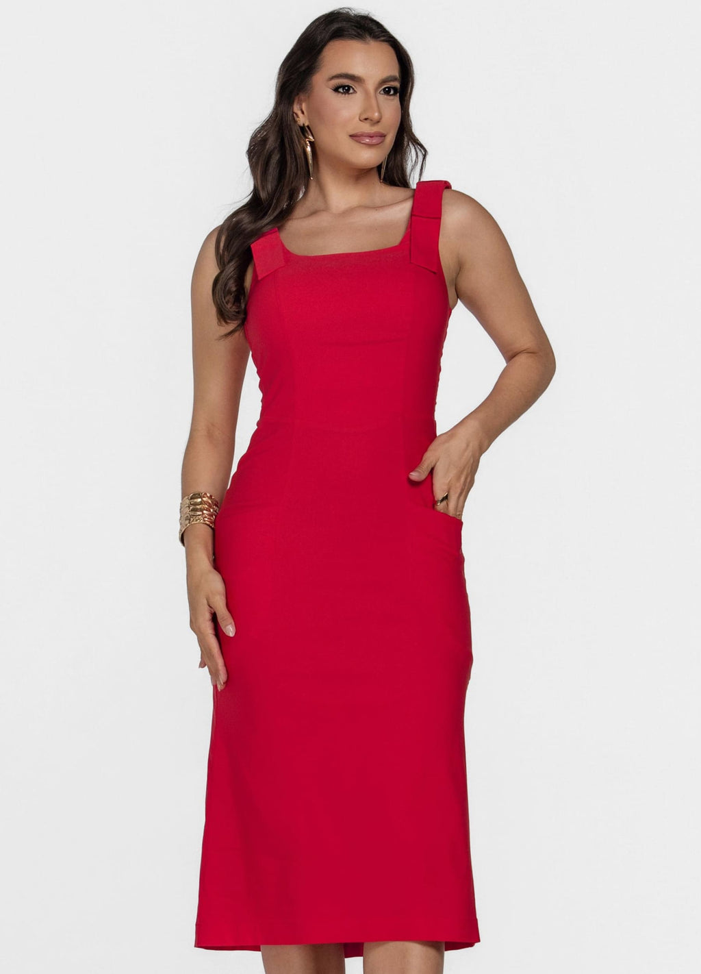 Kit 2 Vestidos Midi - Laço no Ombro + Detalhe em X e Bolso
