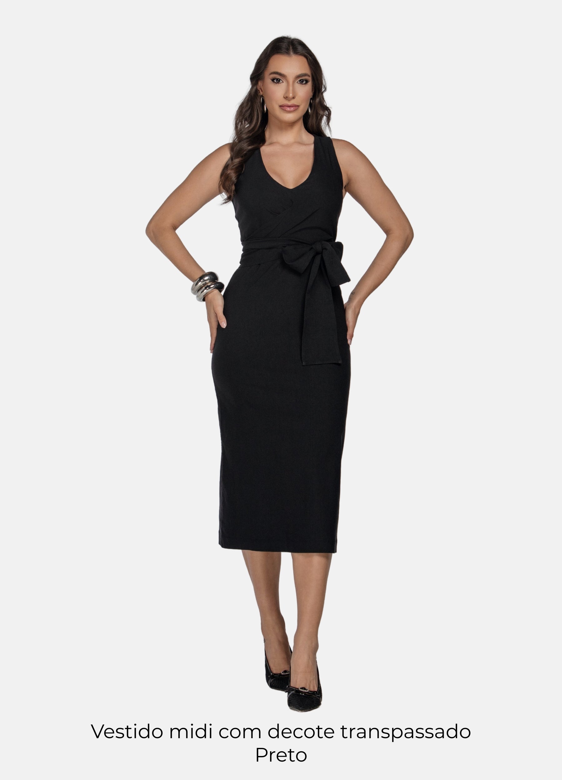 Kit 2 Vestidos Midi - Decote Transpassado + Laço no Ombro