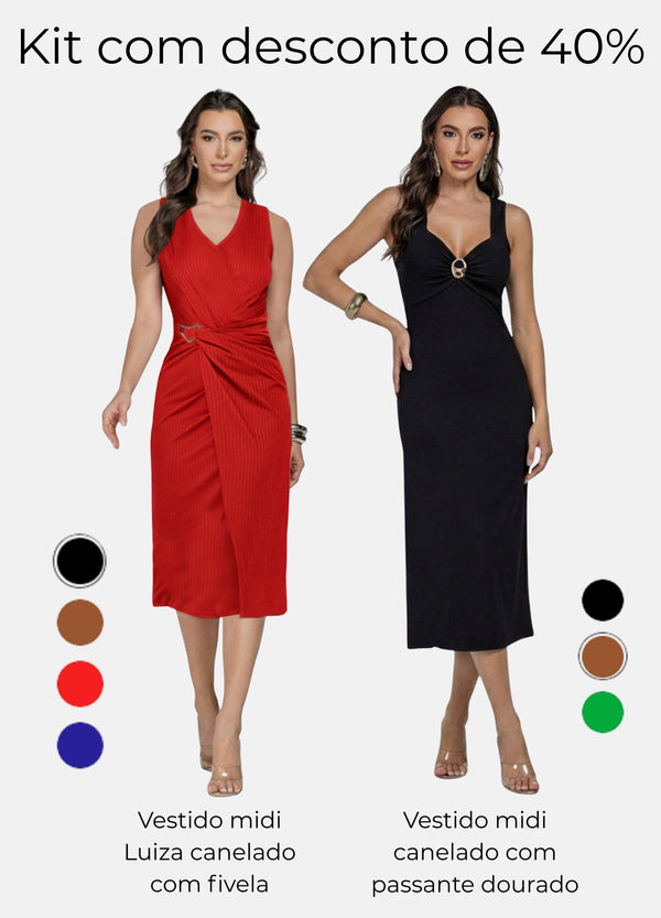 Kit 2 Vestidos Midi Canelado - Luiza com Fivela + Passante Dourado
