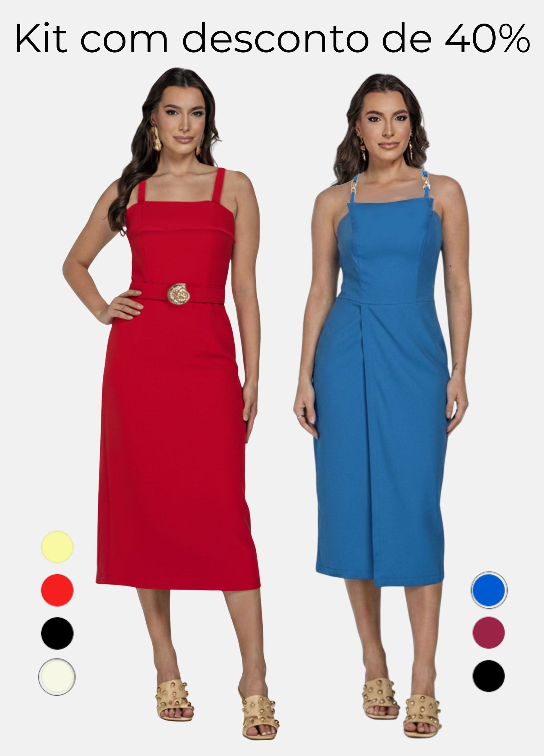 Kit 2 Vestidos Midi - Laura c/ Pala e Fivela + Fivela nas Alças
