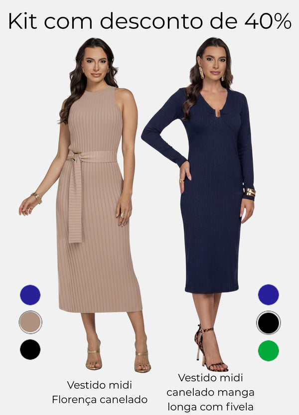 Kit 2 Vestidos Midi Canelado - Florença + Manga Longa com Fivela