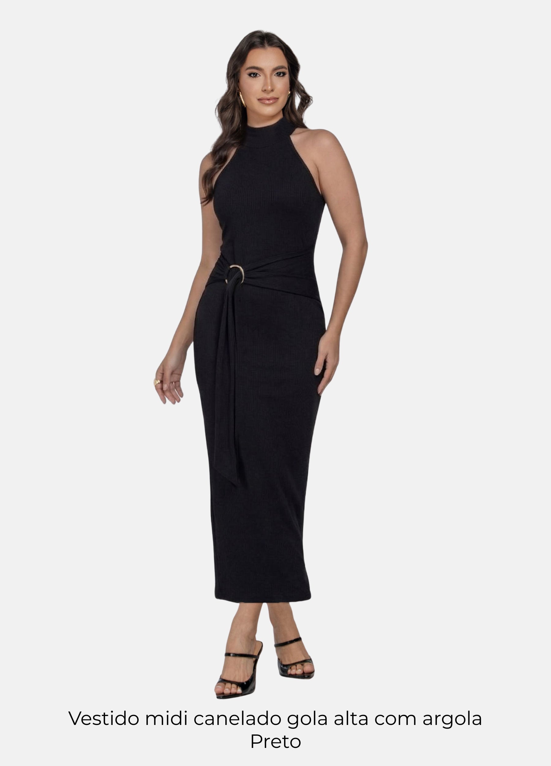 Kit 2 Vestidos Midi Canelado - Gola Alta com Argola + Midi com Faixa