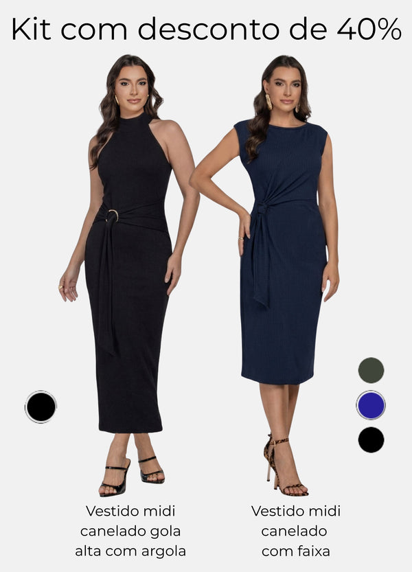Kit 2 Vestidos Midi Canelado - Gola Alta com Argola + Midi com Faixa