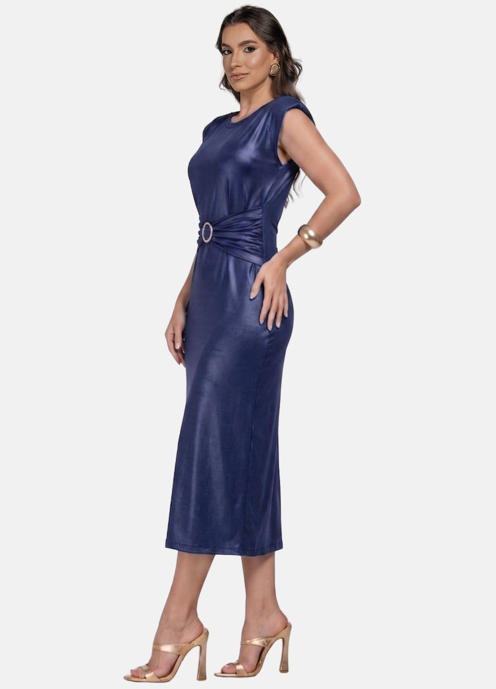 VESTIDO MIDI CIRRÊ COM PREGAS E OMBREIRA