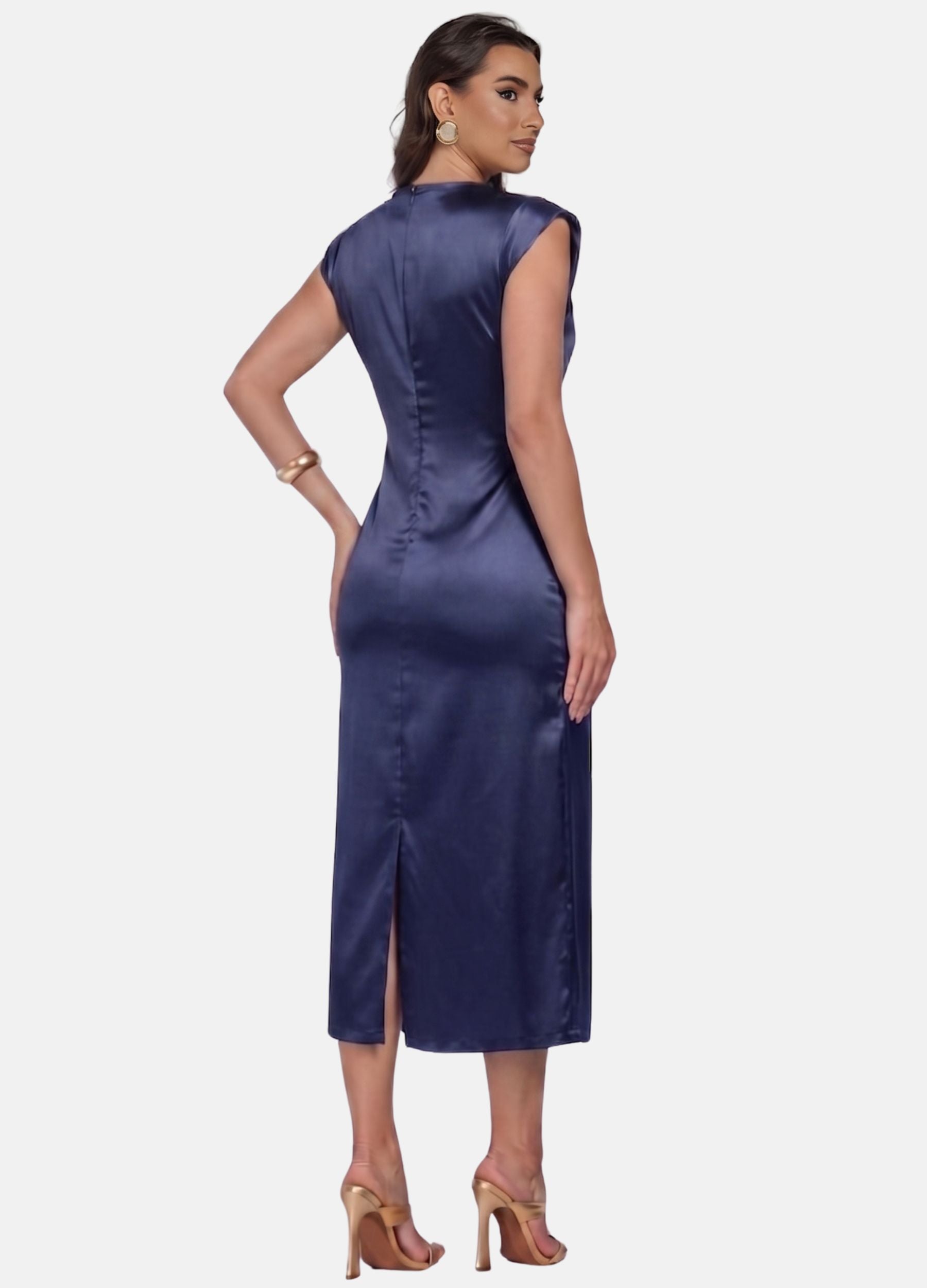 VESTIDO MIDI CIRRÊ COM PREGAS E OMBREIRA