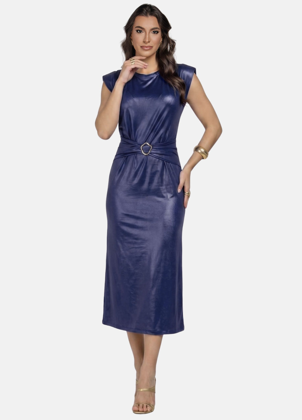 VESTIDO MIDI CIRRÊ COM PREGAS E OMBREIRA