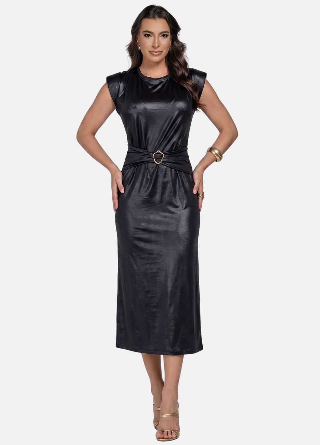 VESTIDO MIDI CIRRÊ COM PREGAS E OMBREIRA