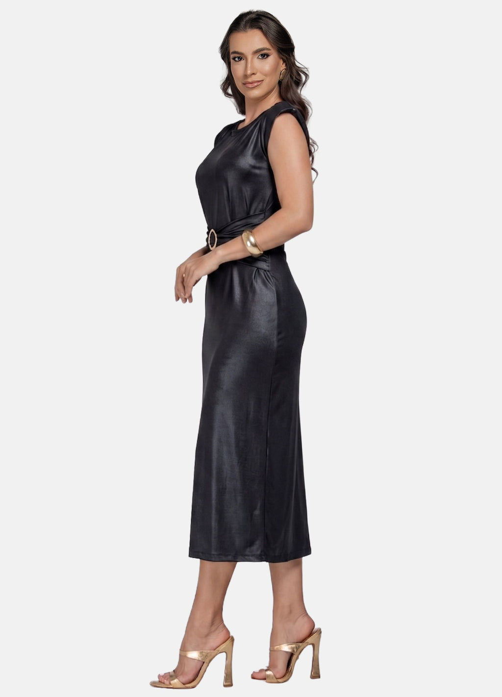 VESTIDO MIDI CIRRÊ COM PREGAS E OMBREIRA