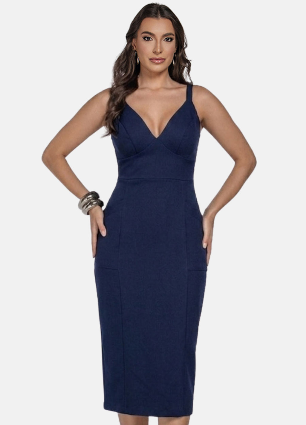 VESTIDO MIDI COM RECORTES NA SAIA E BOLSO