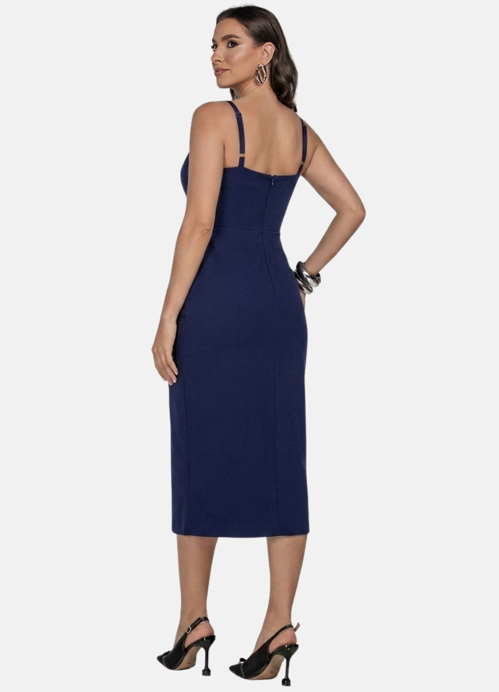 VESTIDO MIDI COM RECORTES NA SAIA E BOLSO