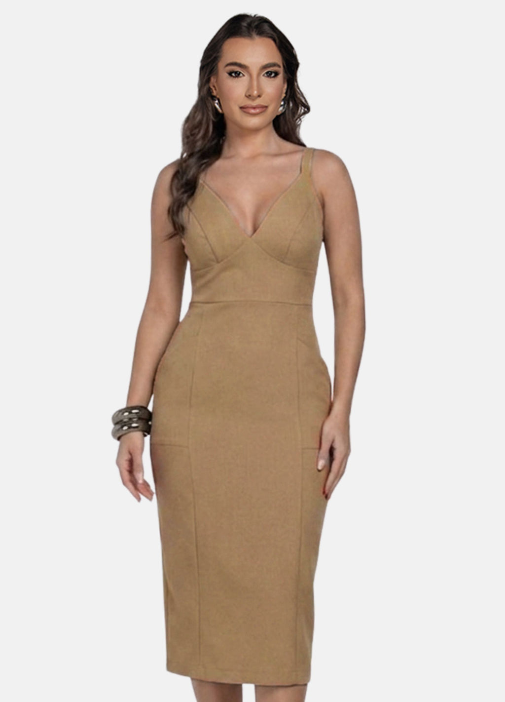VESTIDO MIDI COM RECORTES NA SAIA E BOLSO