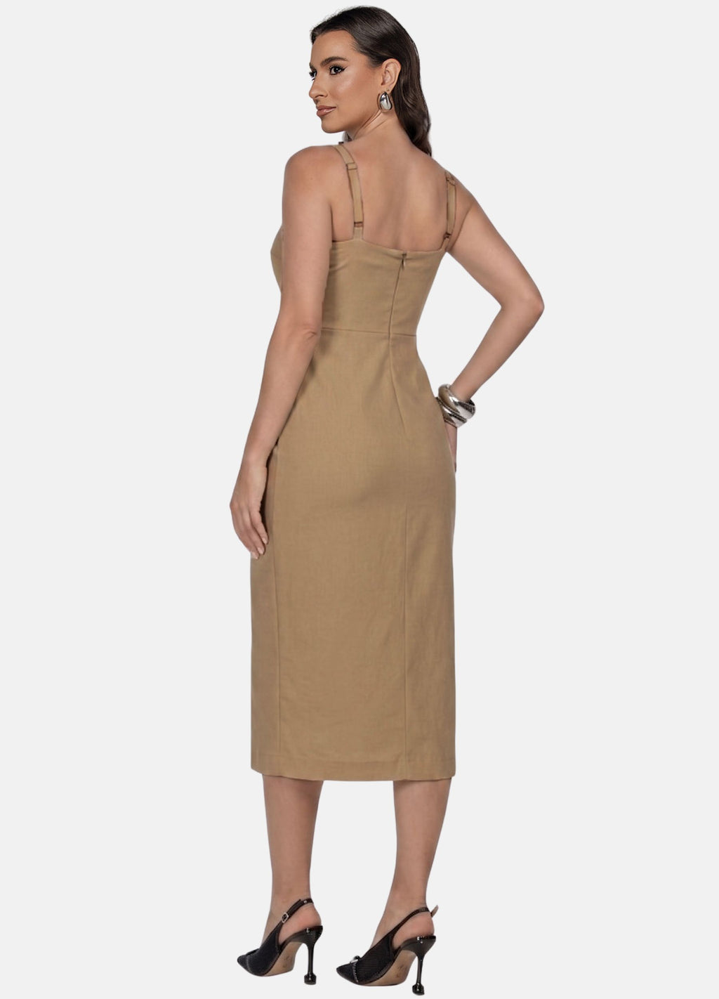 VESTIDO MIDI COM RECORTES NA SAIA E BOLSO