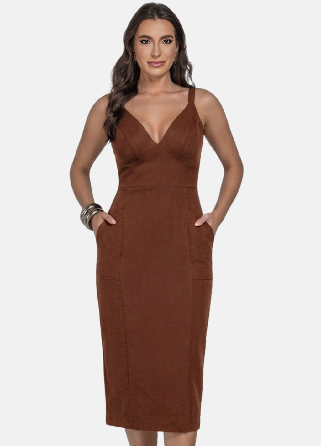 VESTIDO MIDI COM RECORTES NA SAIA E BOLSO