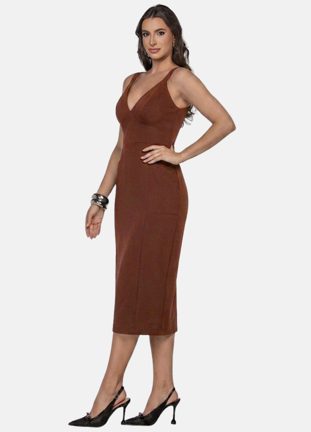 VESTIDO MIDI COM RECORTES NA SAIA E BOLSO