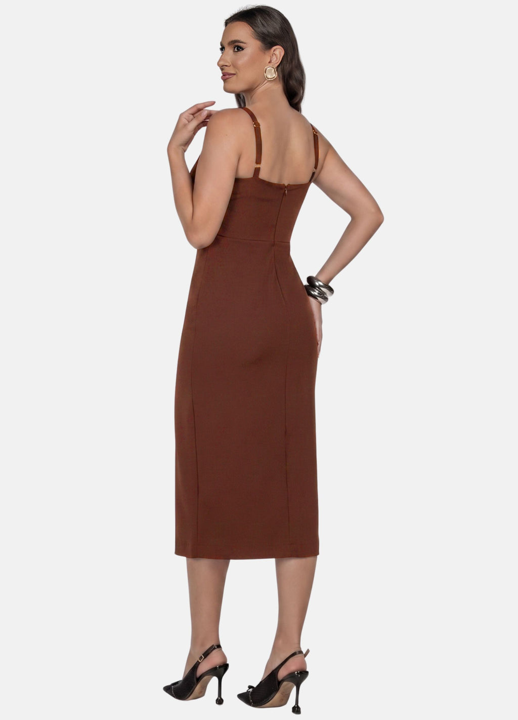 VESTIDO MIDI COM RECORTES NA SAIA E BOLSO