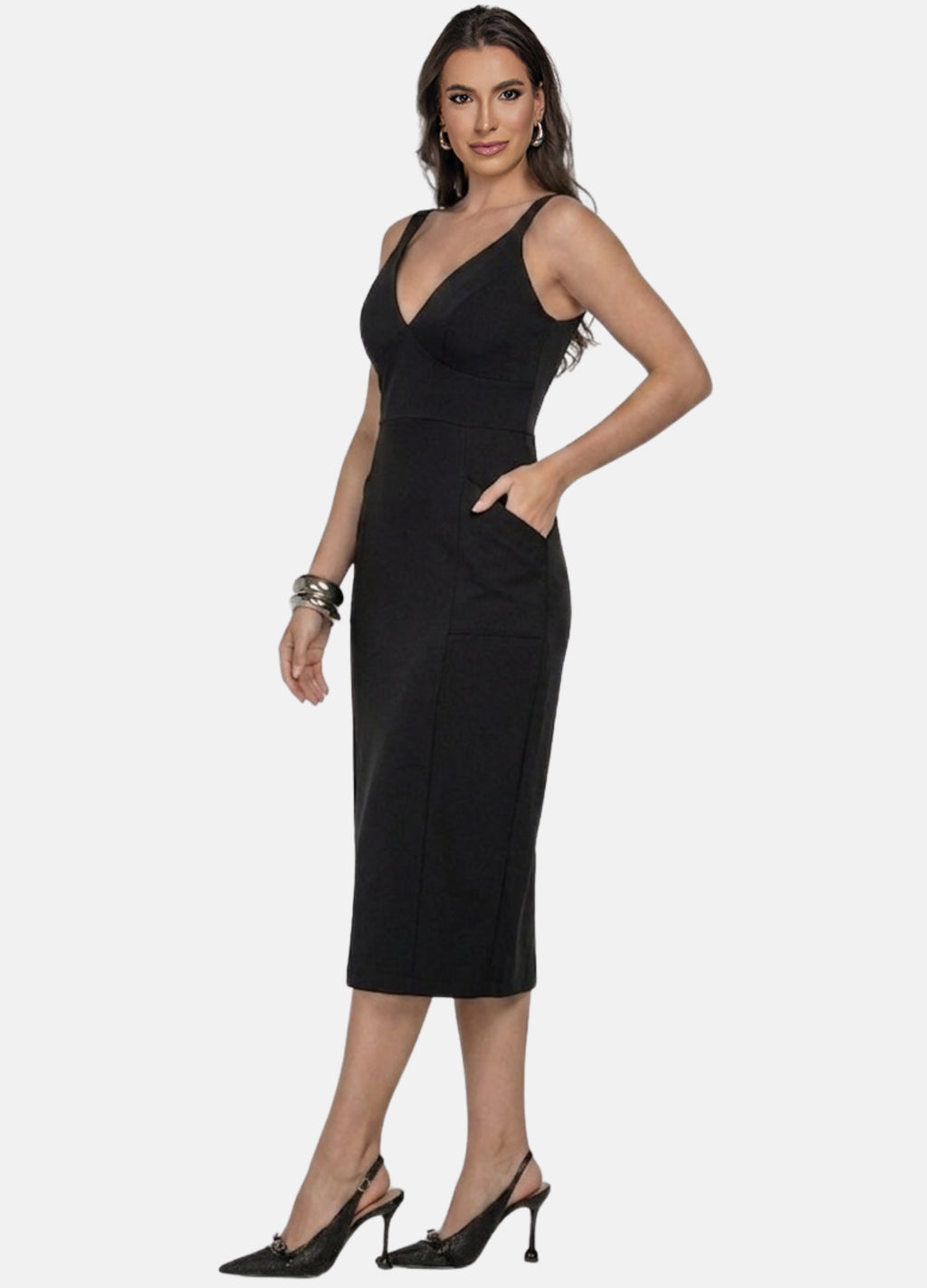 VESTIDO MIDI COM RECORTES NA SAIA E BOLSO